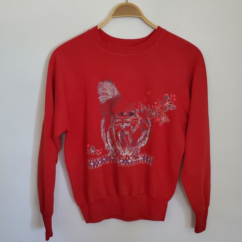 Vintage 80s Cat Butterfly‎ Graphic Crewneck Sweatshirt Red Casual Preppy Retro